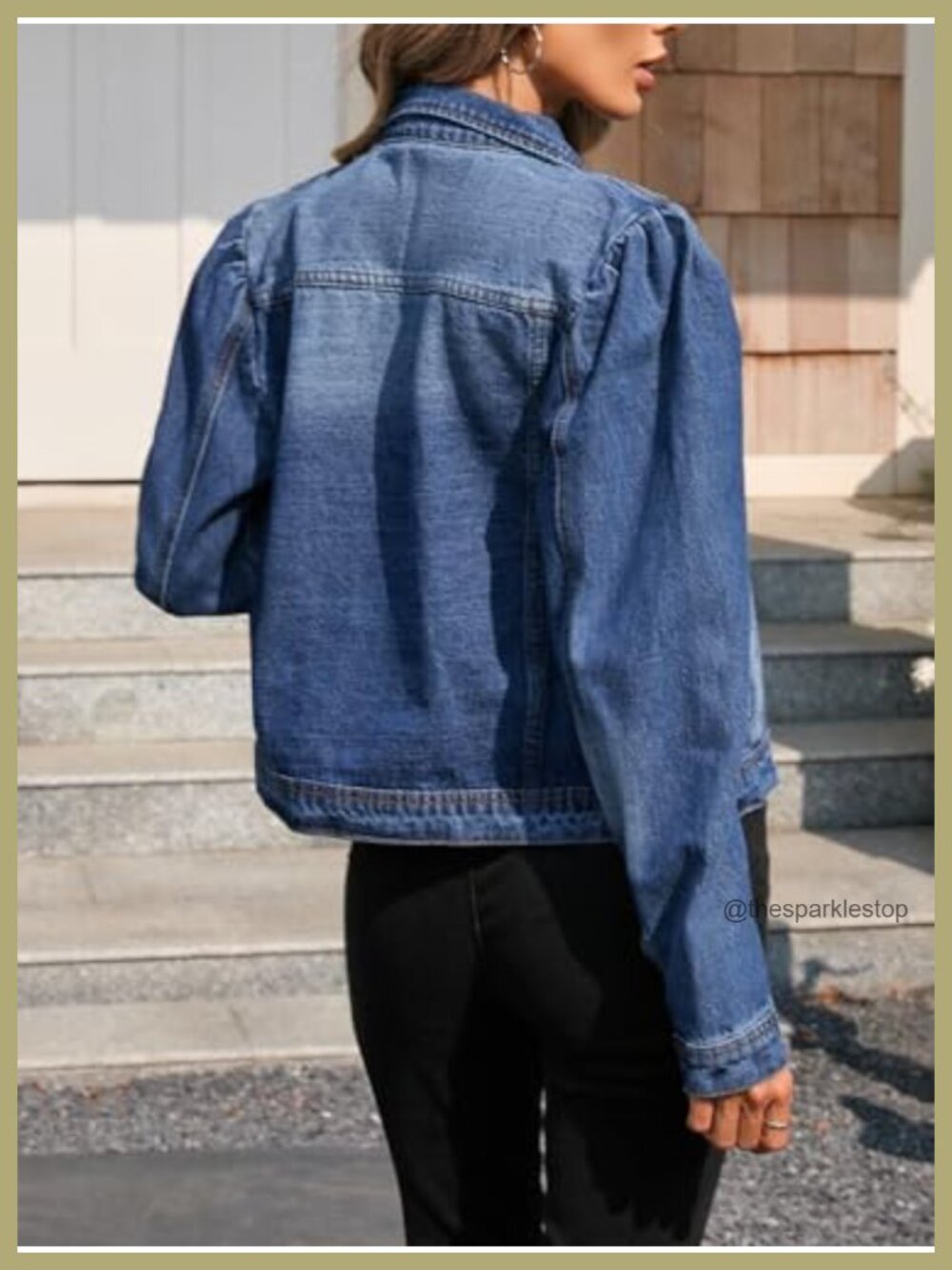 Womens Puff Sleeve Cropped Denim Jacket Button Down Long Sleeve Trendy Jean - Picture 2 of 6